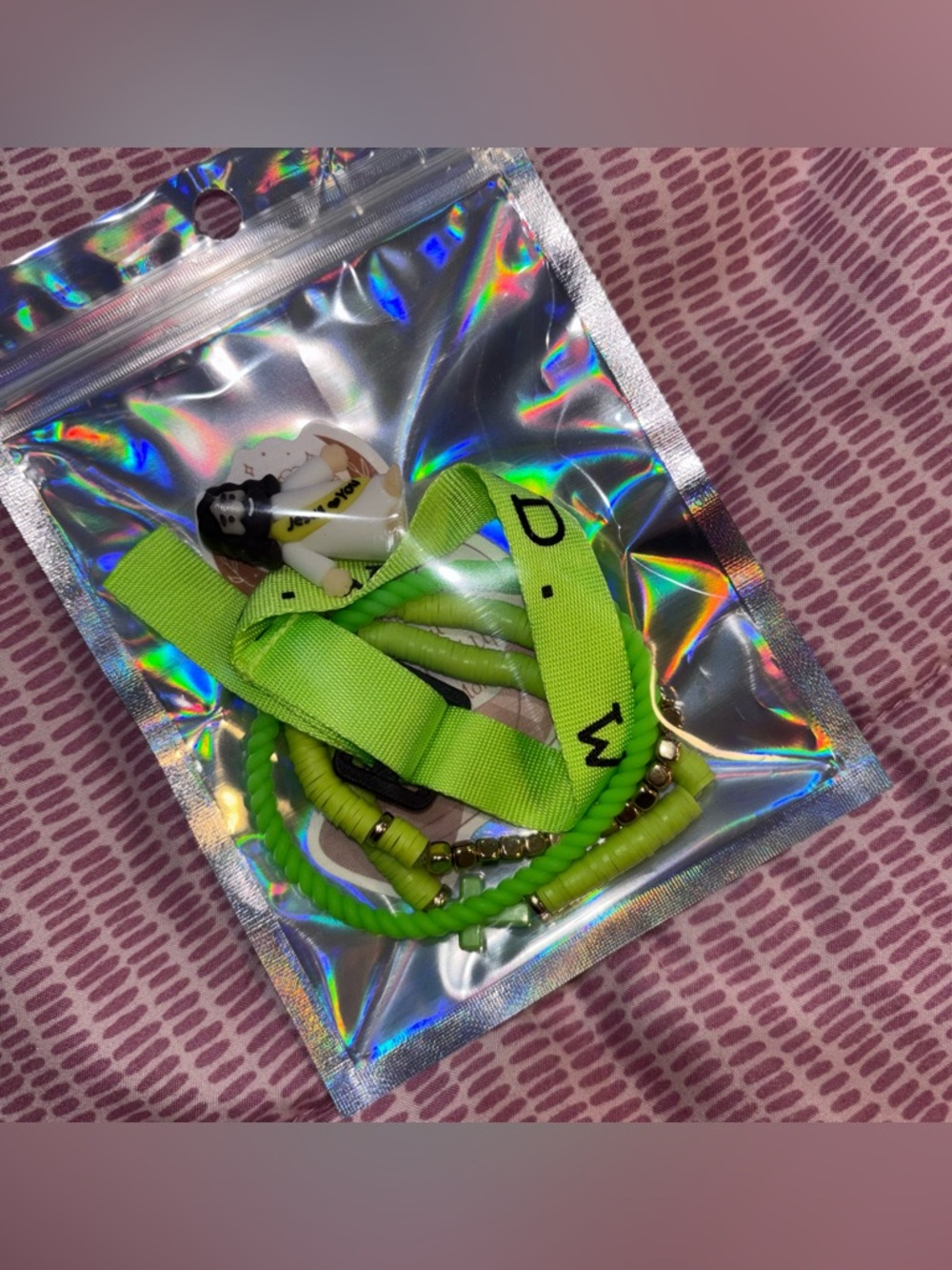 4 piece bracelet set, 1 tiny Jesus, 2 stickers- lime green